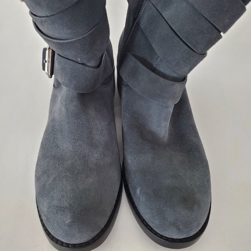 VINCE CAMUTO 7.5 WEBEY Dk Gray Suede Moto Boots Silver Buckle Strap Grunge Goth - Picture 8 of 16